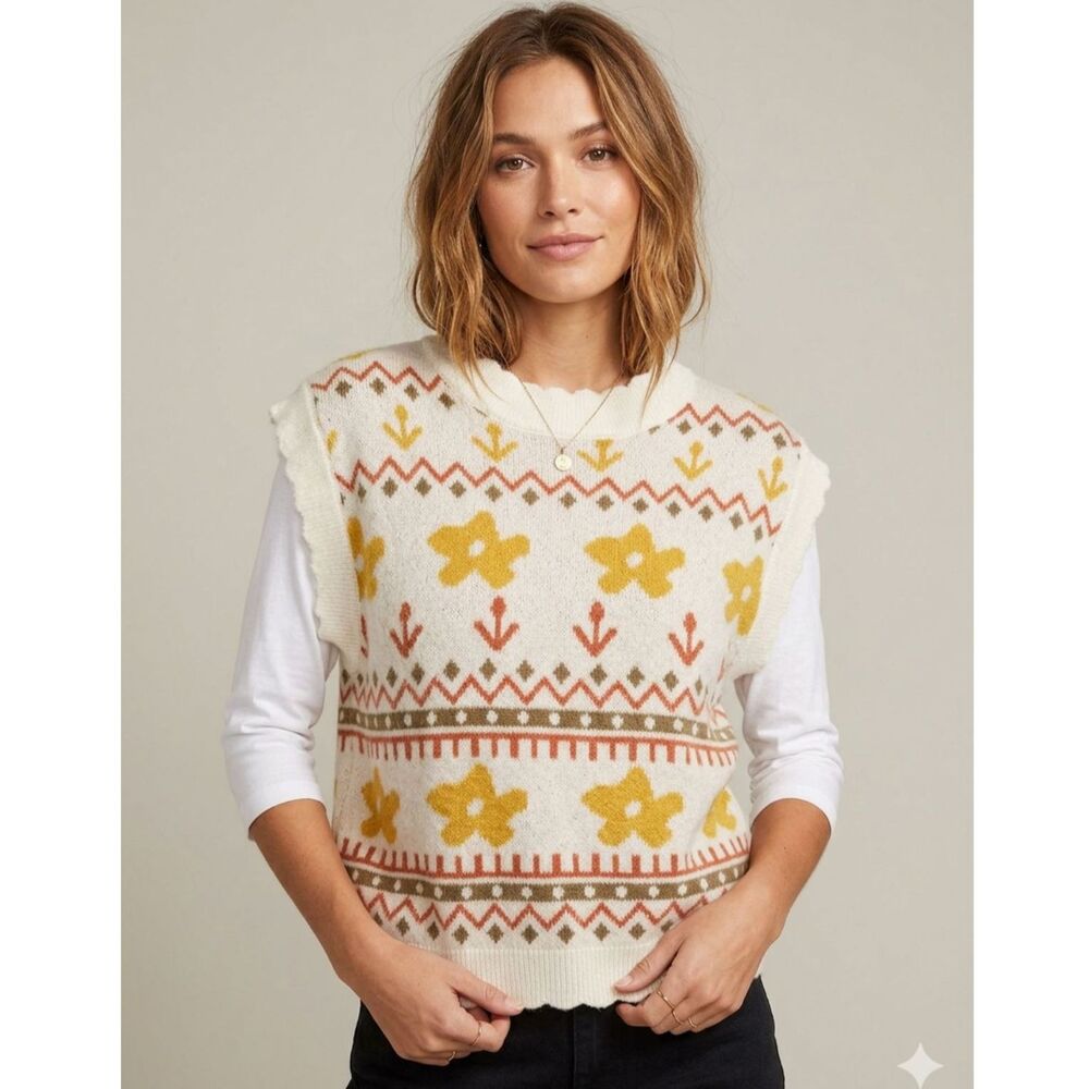 Polagram Fall Floral Knit Sweater Vest S Cream Mustard Yellow Boho Cottagecore
